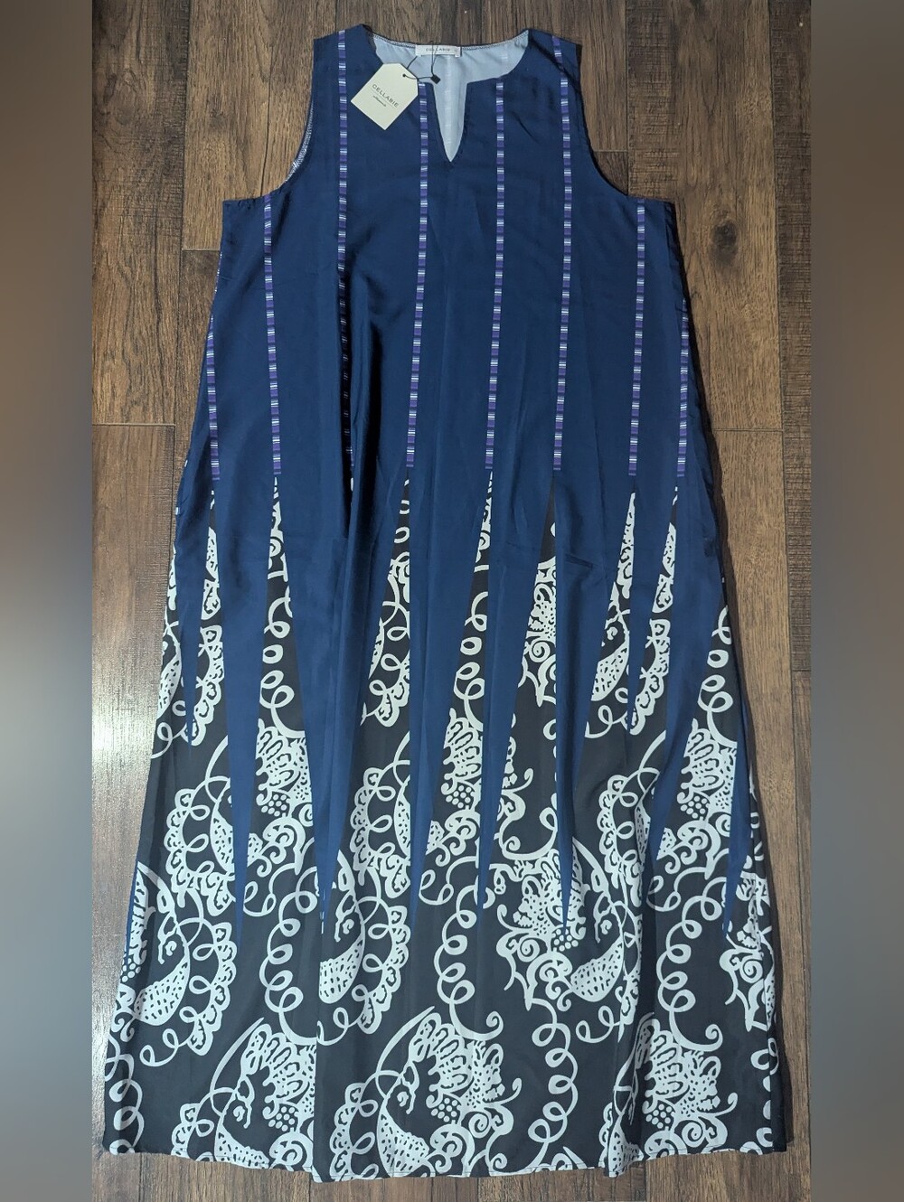 Cellabie Navy Maxi Dress Paisley & Scroll Motif Insert Designs Unique Sz XL NWT